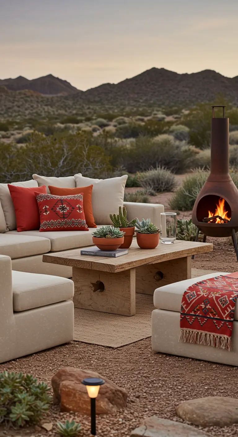 Loungeset in woestijnstijl met aardetinten, chiminea en cactussen.