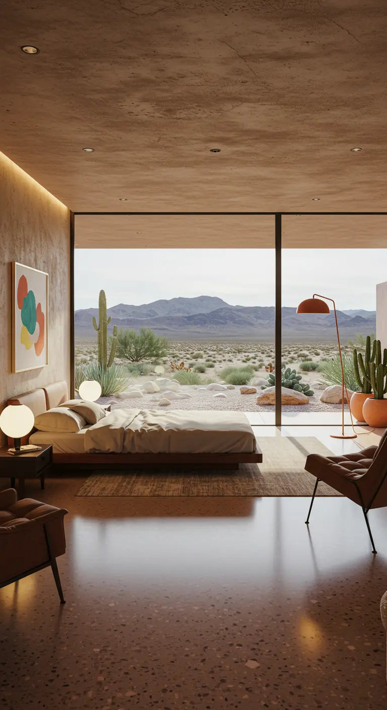 Moderne slaapkamer met laag bed en panoramisch uitzicht op woestijnlandschap.