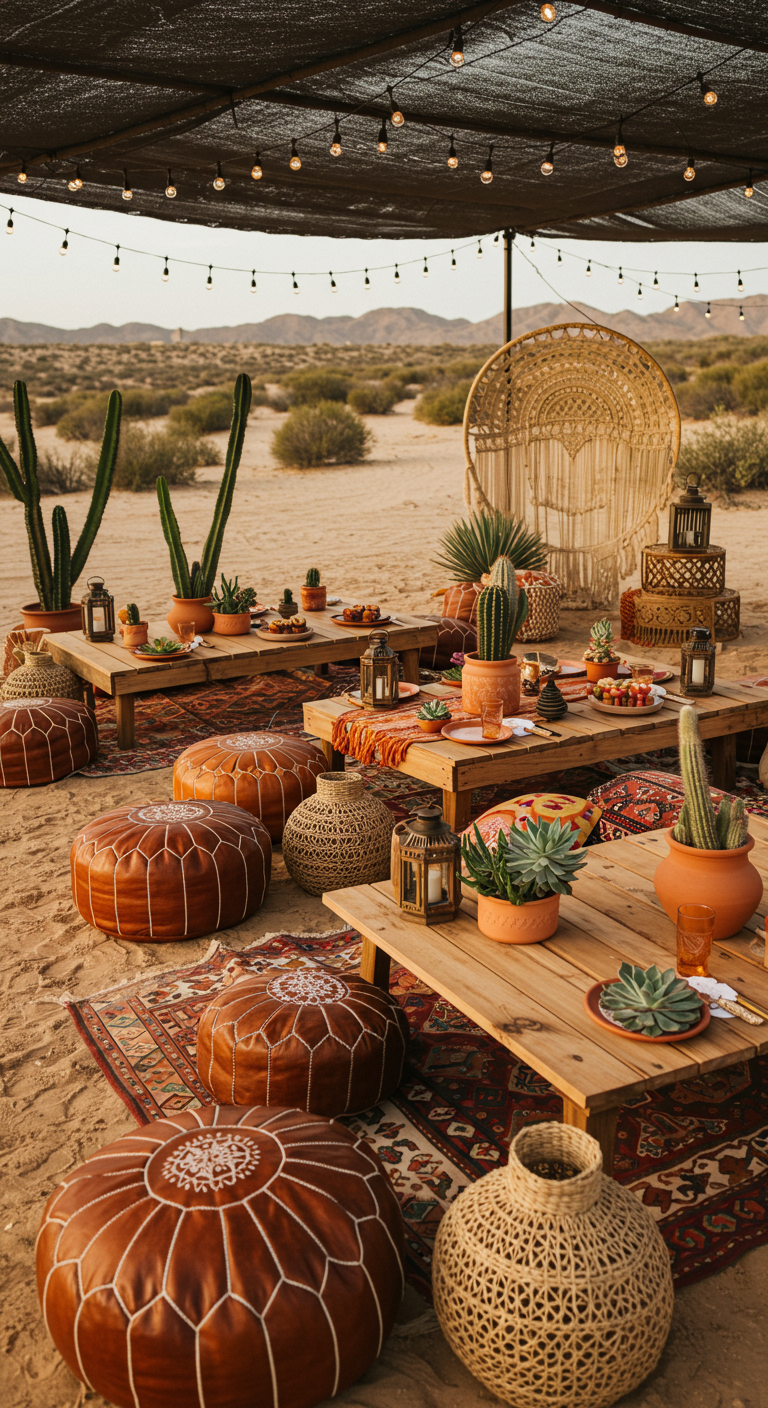 Boho feest in woestijnstijl met lage tafels, cactussen en poefs.