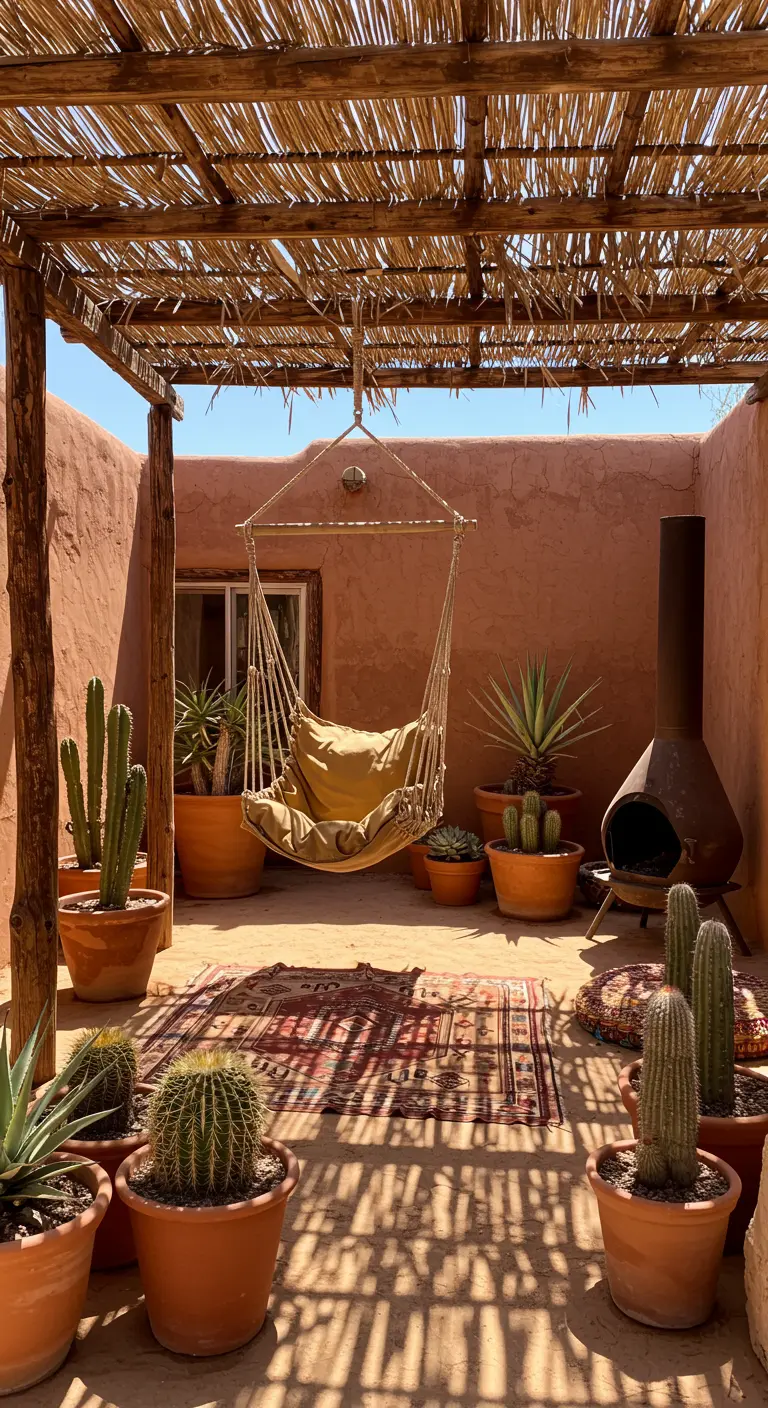 Canvas hangstoel onder bamboe afdak, omringd door cactussen, terracotta potten en een kelim tapijt.