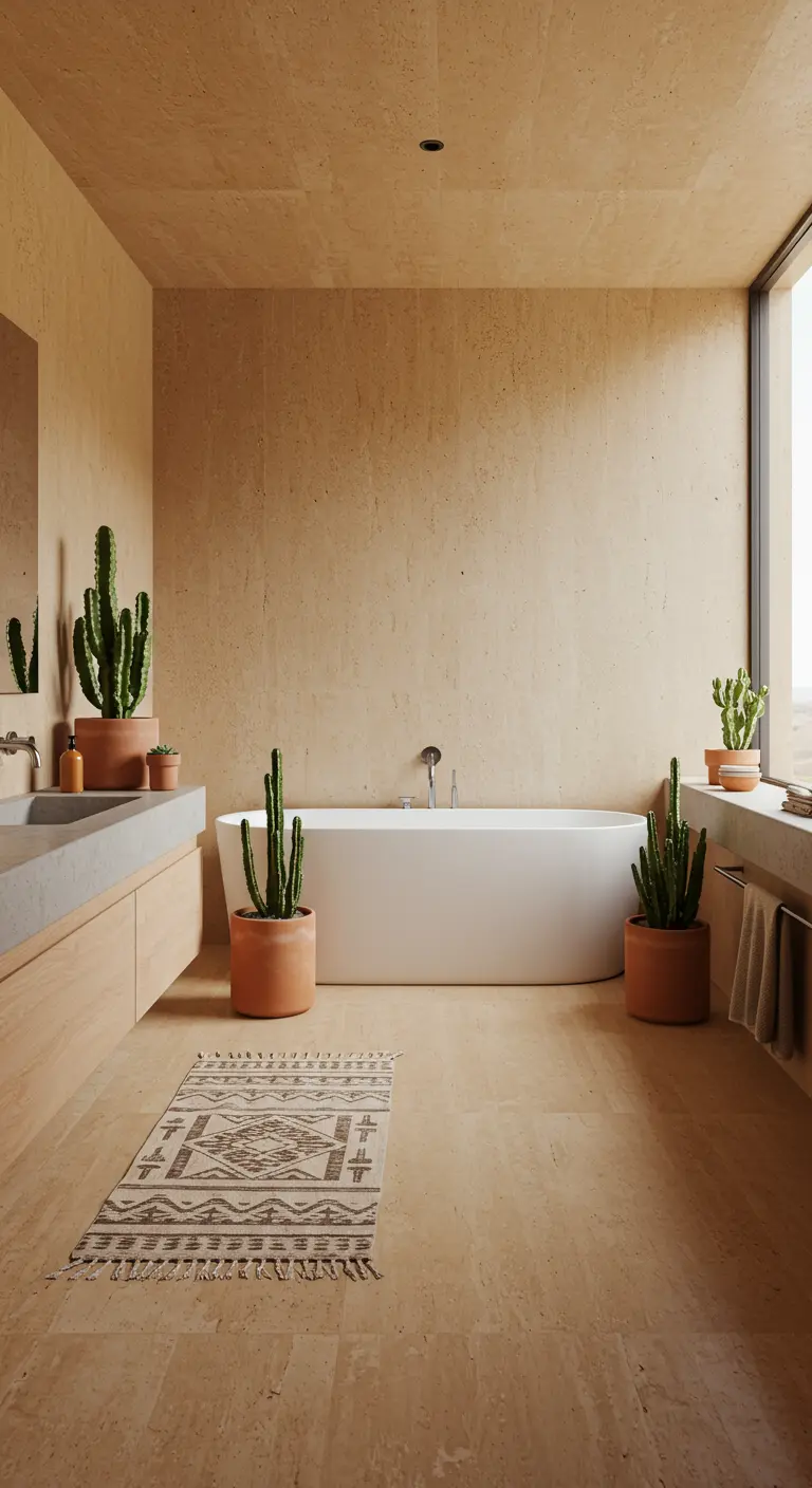 Badkamer in desert stijl met terracotta tinten, cactussen en geweven tapijt.