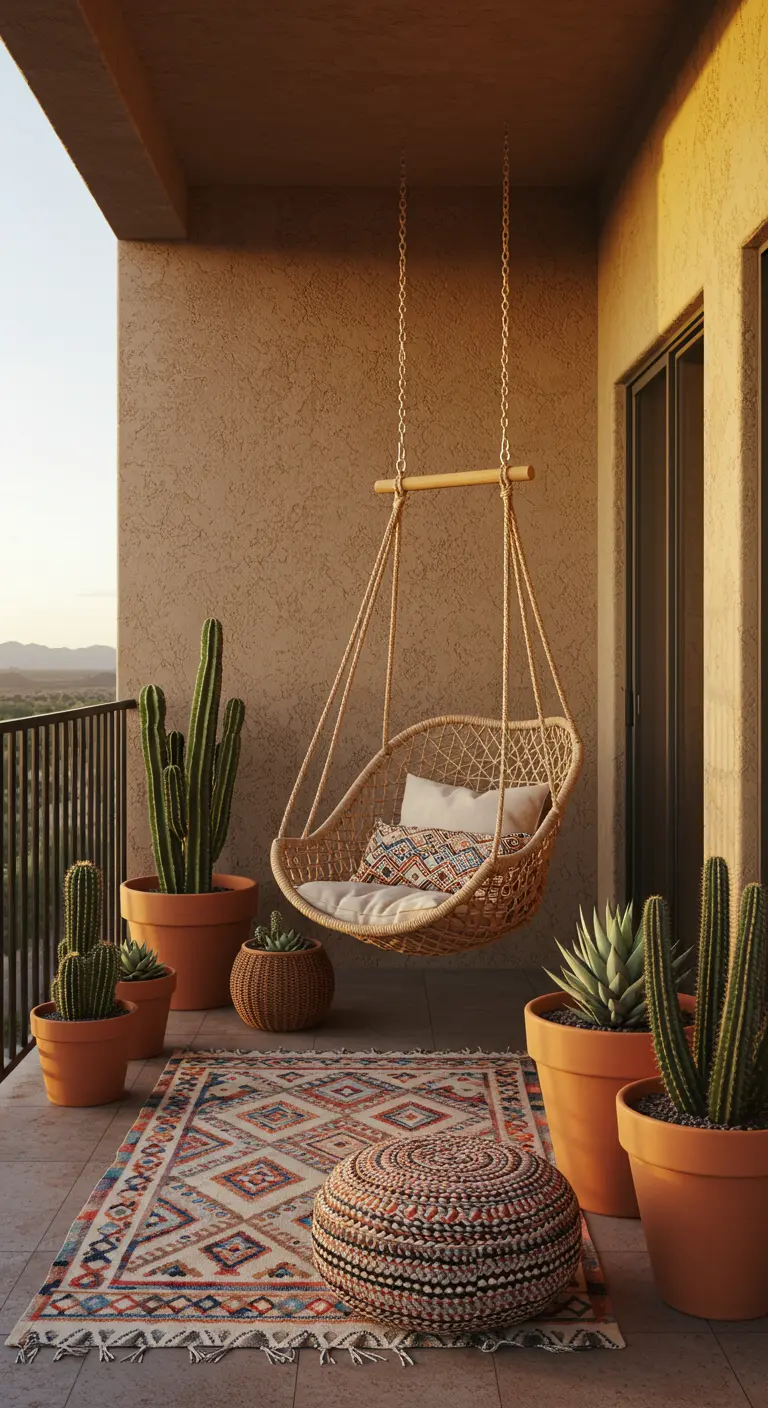 Sfeervol balkon 29 met rotan hangstoel, cactussen en terracotta tinten