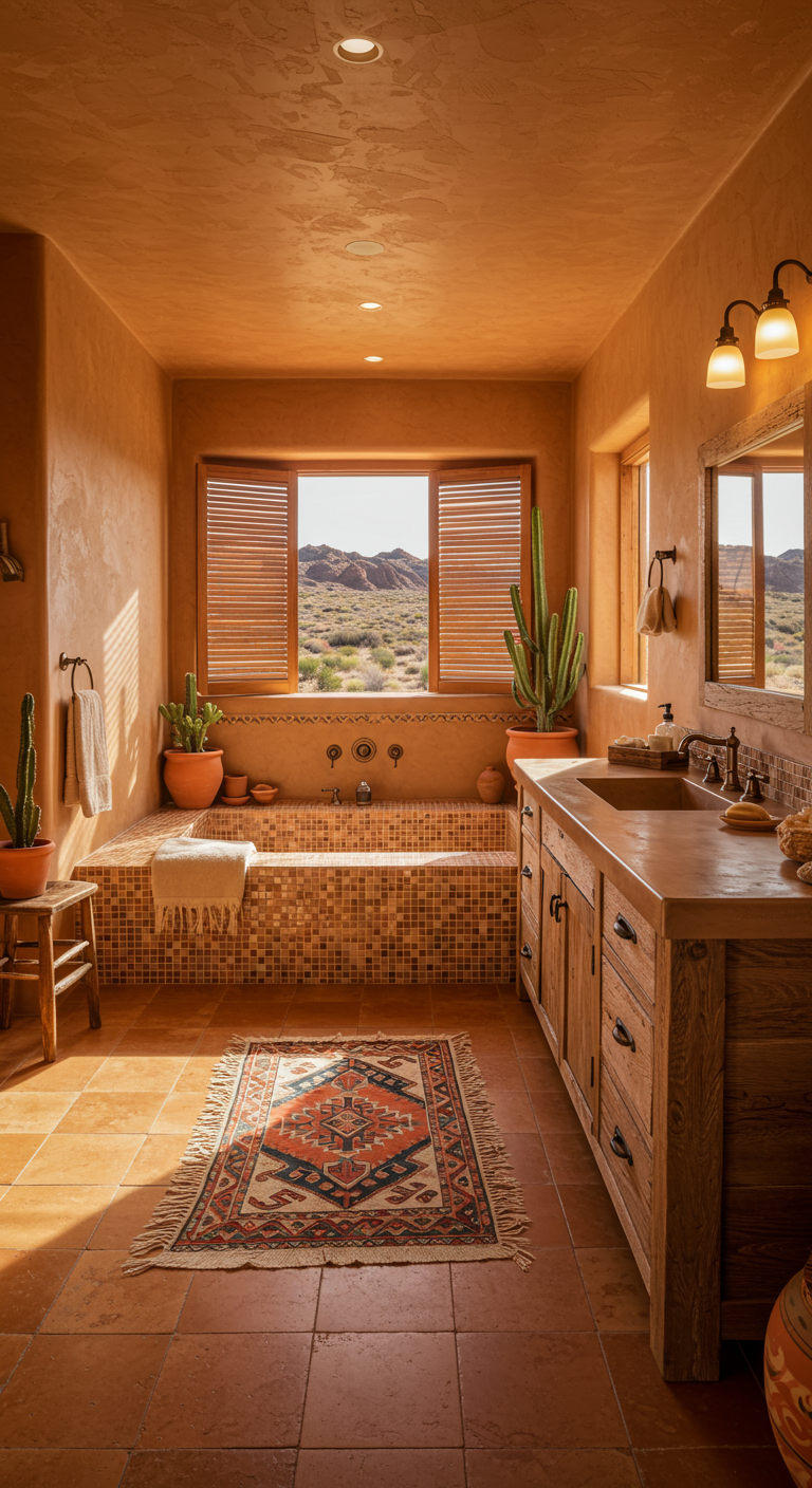 Terracotta badkamer in woestijnstijl met cactussen en mozaïekbad.