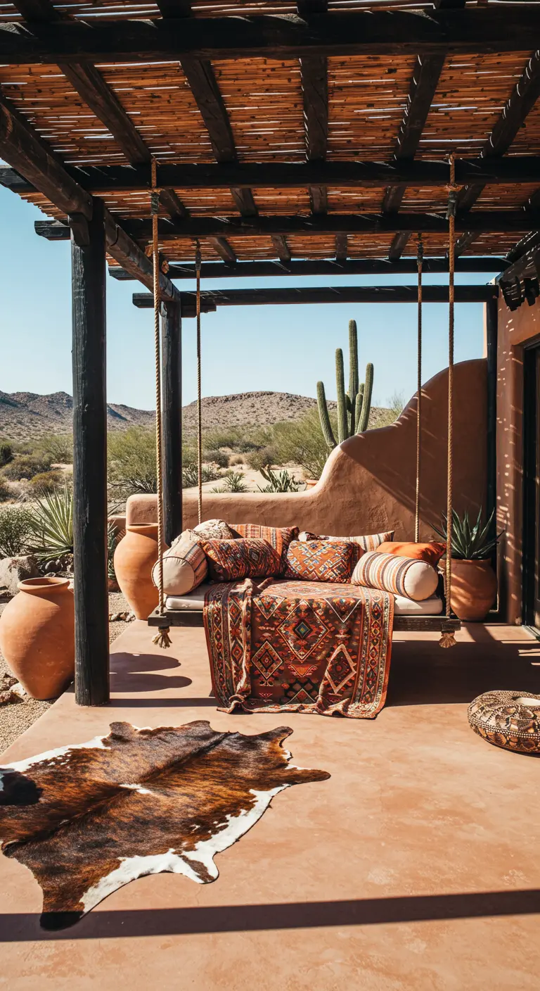 Houten schommelbank met etnische kleden en cactussen op een desert-stijl veranda.
