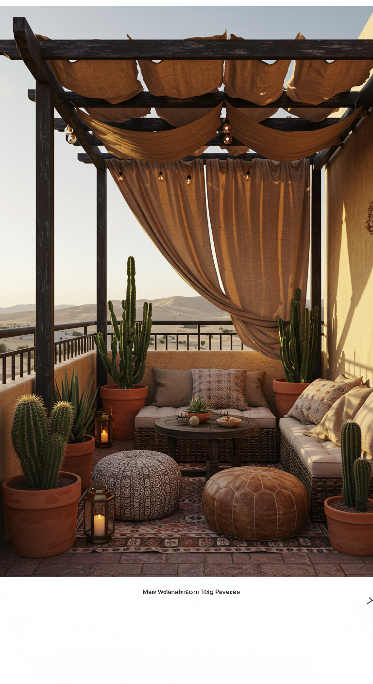 Balkon in woestijnstijl met pergola, gedrapeerde doeken, cactussen en Marokkaanse poefs.