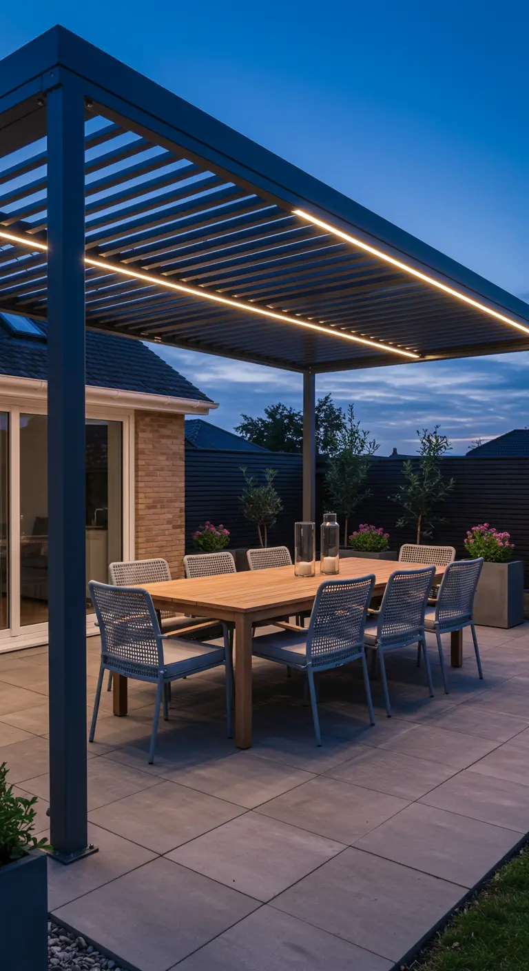 Moderne eethoek met polyrotan stoelen onder een lamellen overkapping met verlichting.