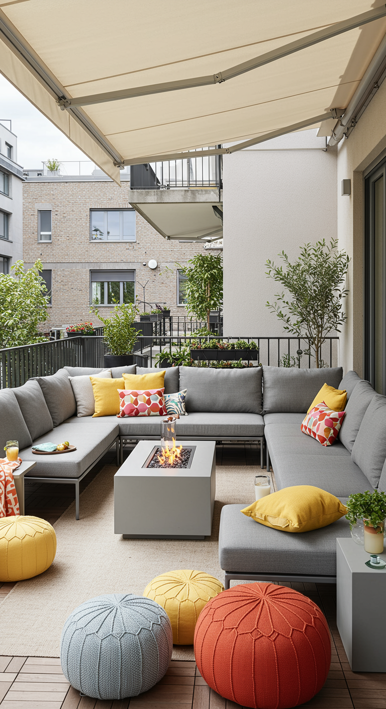 Modern dakterras met grote grijze loungeset, vuurtafel en kleurrijke poefs.