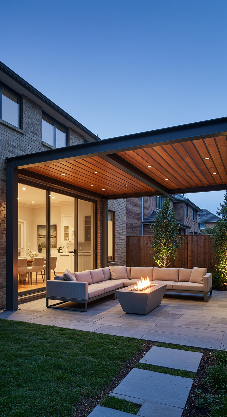 Moderne pergola met houten lamellen en metalen frame, met loungeset en vuurtafel bij een huis.