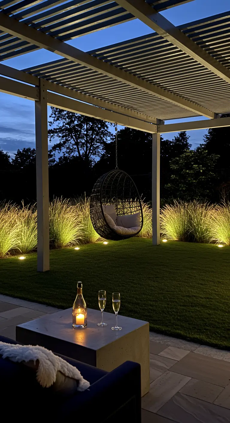 Moderne eivormige hangstoel onder pergola met sfeervolle tuinverlichting 's avonds.