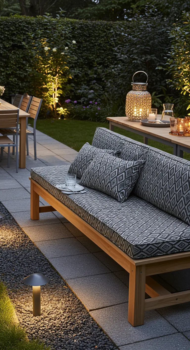 Moderne houten loungebank met grafische kussens en sfeervolle avondverlichting.