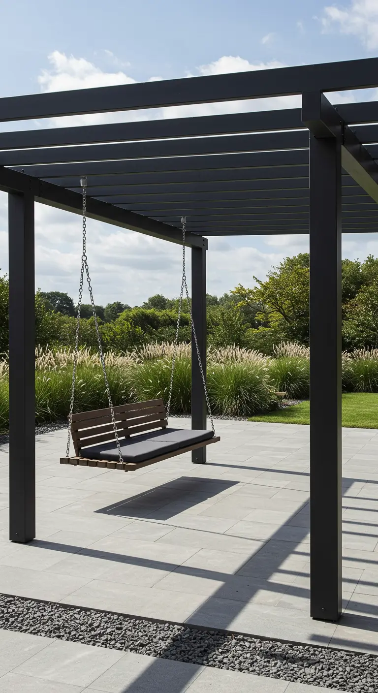 Moderne schommelbank met grijze kussens aan kettingen onder metalen pergola.