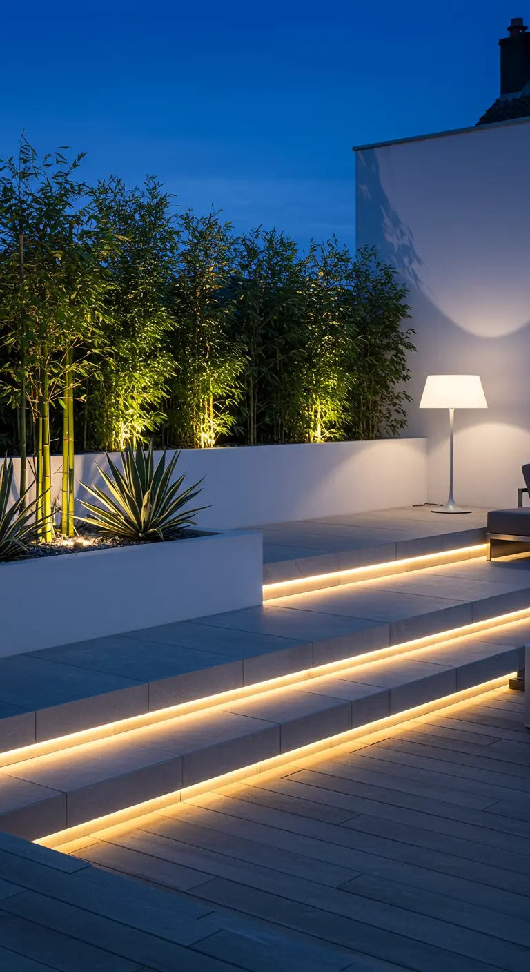 Moderne tuin met LED-verlichte traptreden en spots op bamboeplanten.