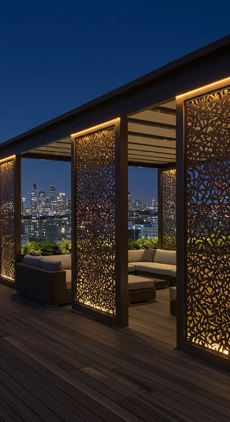 Moderne pergola met lasergesneden metalen panelen en sfeerverlichting op een dakterras.