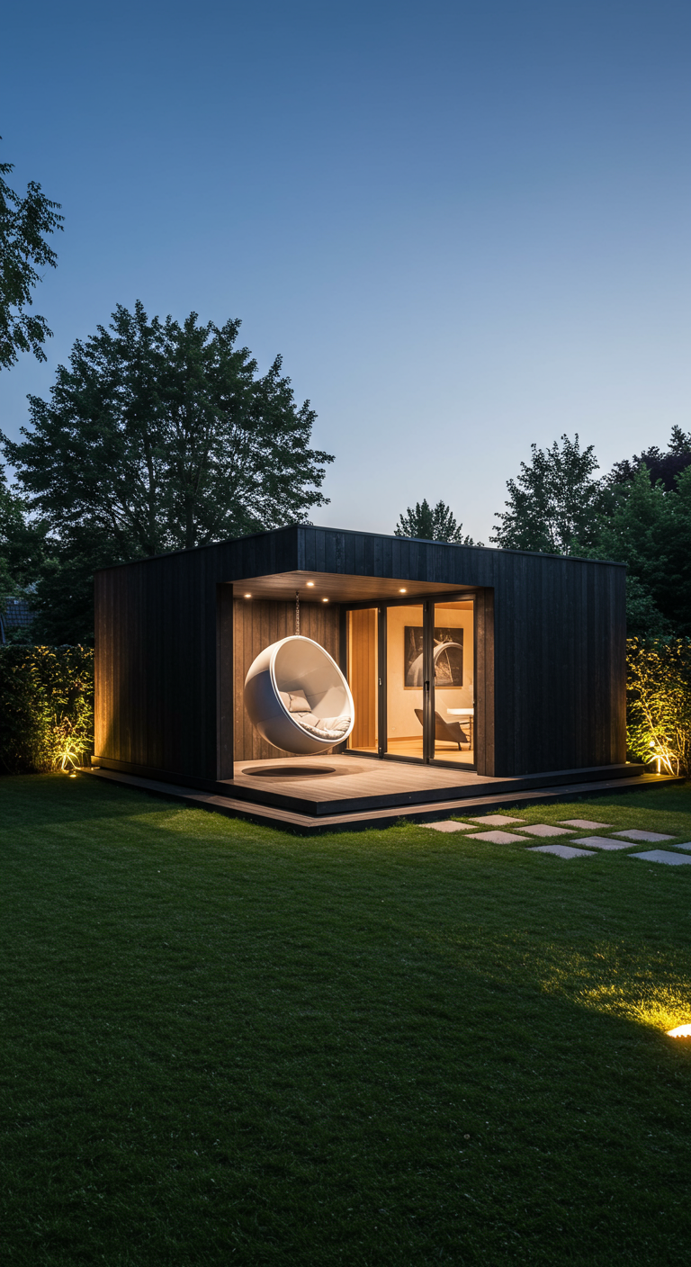 Witte bolvormige hangstoel in modern zwart tuinhuis met avondverlichting.