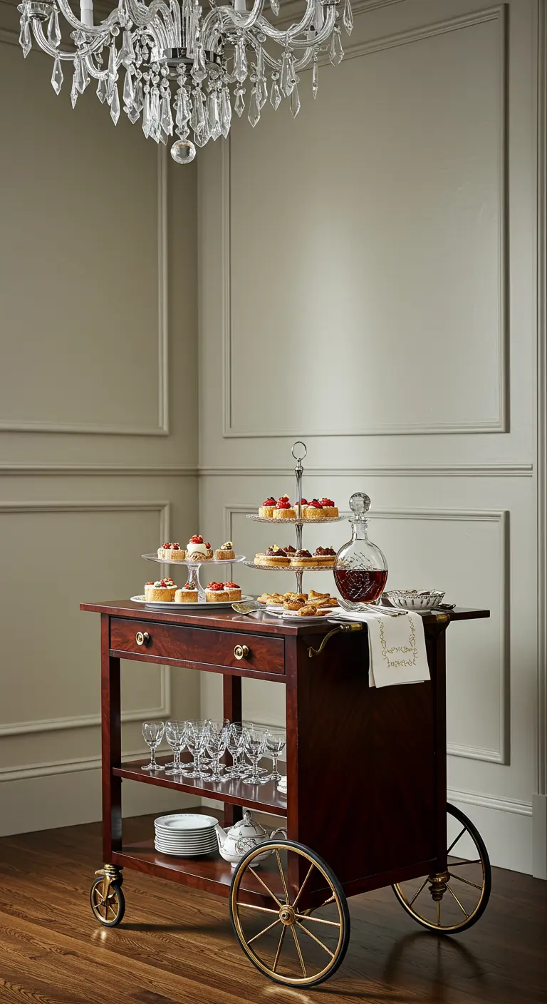 Klassieke donkerhouten keukentrolley met etagères vol gebakjes en glazen in een chique setting.