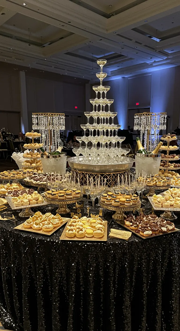 Uitgebreide desserttafel met champagnetoren en zwarte paillettenkleed.