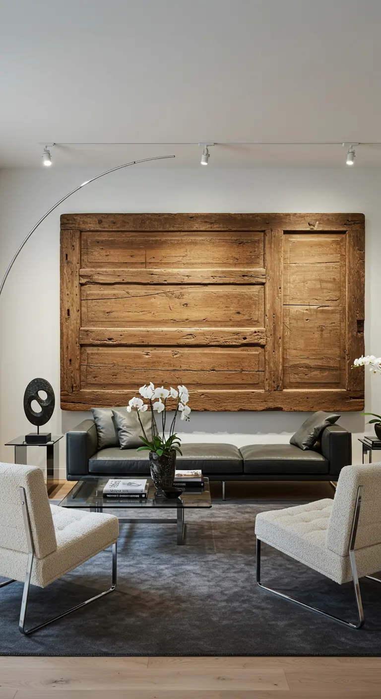 Grote oude houten deur horizontaal opgehangen als wandkunst boven een bank.