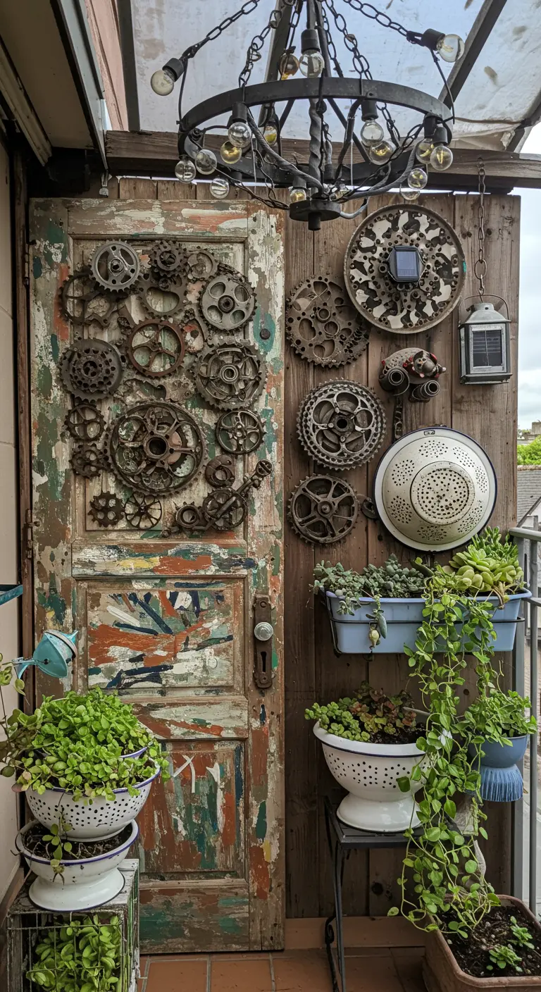 Balkon met oude deur als decoratie, industriële tandwielen en vergieten als plantenbakken.
