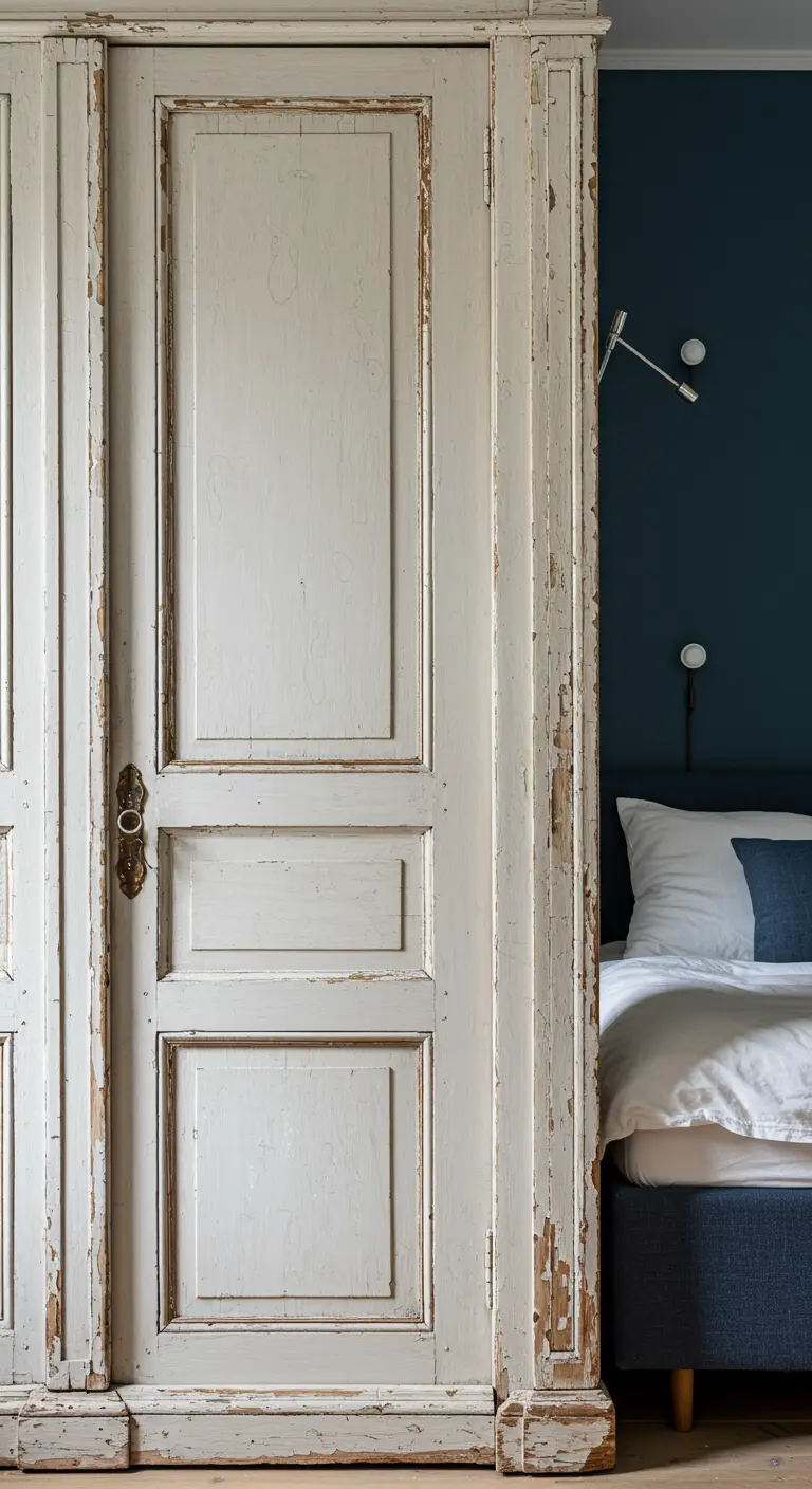 Slaapkamer met een oude, witte deur als decoratief element naast het bed, tegen een donkerblauwe muur.