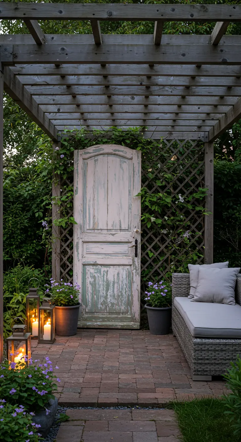 Oude, licht verweerde deur als decoratief element in een tuin, naast een loungebank.
