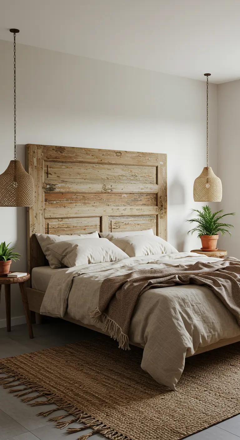 Houten bedframe met een hoofdbord gemaakt van hergebruikte oude houten deuren.