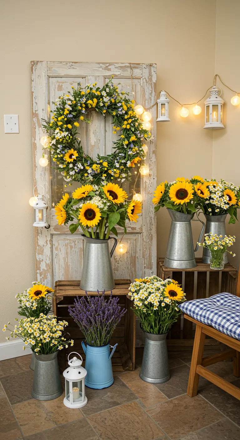 Landelijke verjaardagshoek met oude deur, zonnebloemkrans, bloemen in zinken emmers en lantaarnlichtjes.