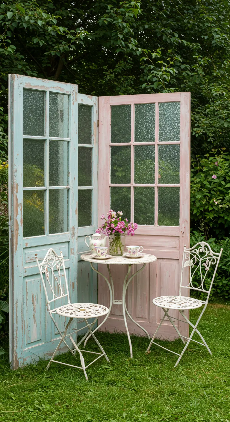 Twee oude houten deuren, een blauwe en een roze, als achtergrond voor een bistrosetje in de tuin.