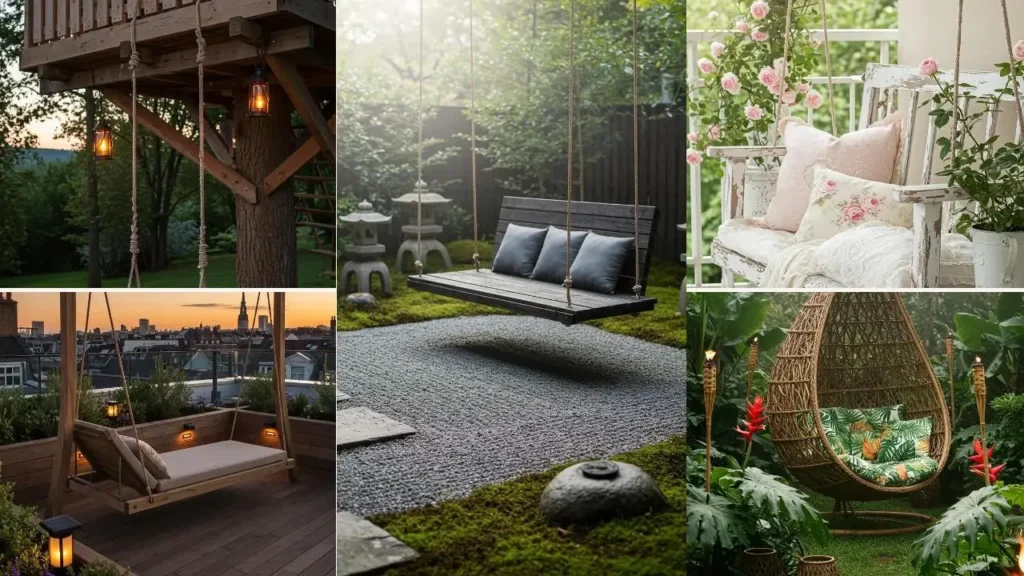 Collectie van schommels gemaakt van gerecycled hout in verschillende ontwerpen en tuinen.