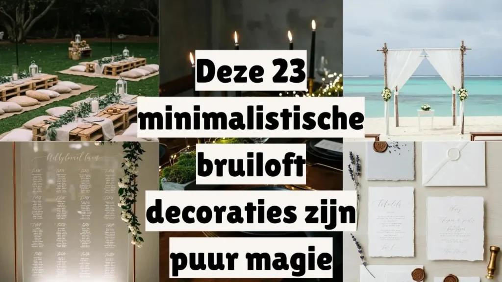 Collage van minimalistische bruiloftdecoraties, van een strandceremonie tot eenvoudige tafeldecoraties.