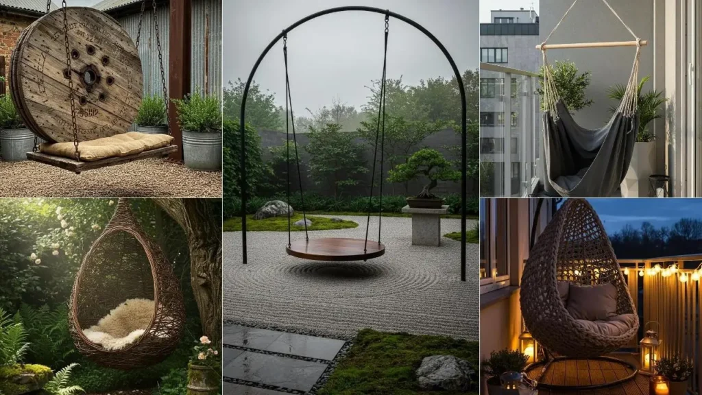Collage van goedkope, zelfgemaakte hangstoelen in diverse stijlen en omgevingen.