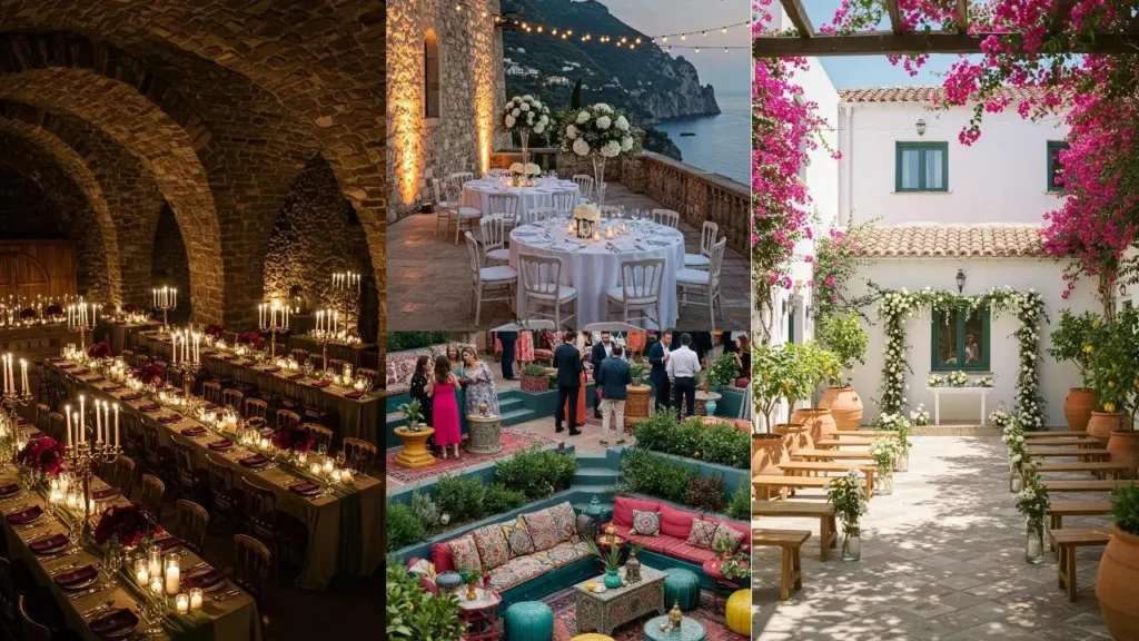 Sfeervolle mediterrane trouwdag ideeën: donkere eetzaal, diner met zeezicht, en bloemrijke buitenbruiloft.