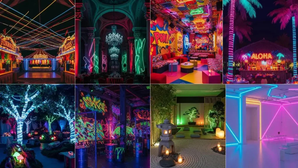 Collage van verschillende neon thema feestjes met opvallende neon decoraties.