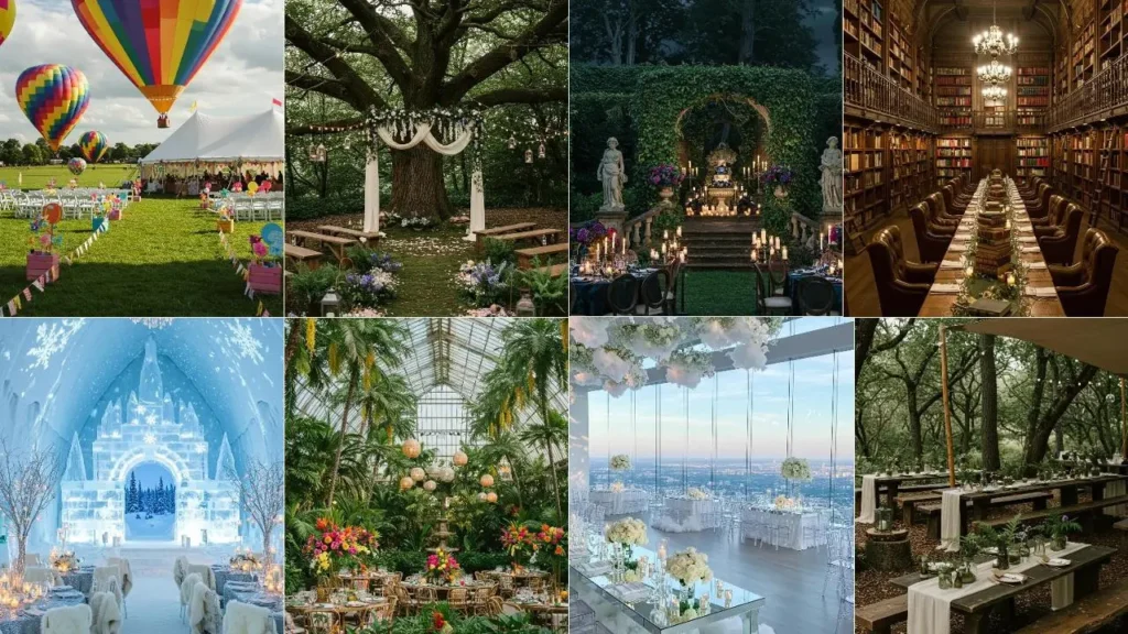 Collage van Pinterest-waardige bruiloften: ballon, bos, bibliotheek, ijspaleis, tuin, en skyline.