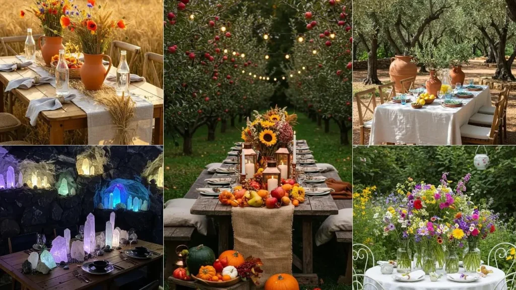 Diverse tafeldecoraties met bloemen, fruit en natuurlijke materialen als ode aan de natuur.