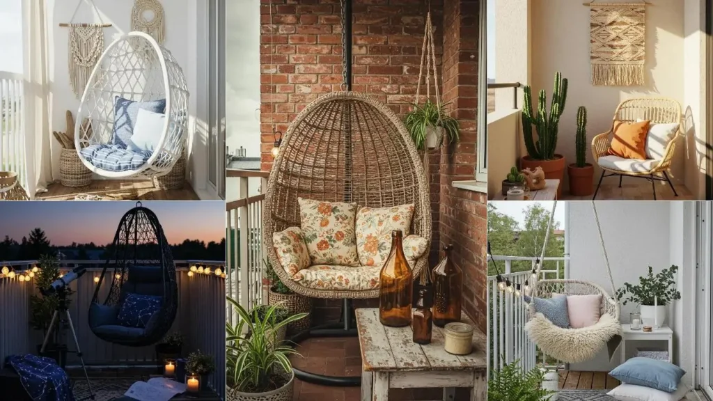 Verschillende hangstoelen in boho-stijl maken van een balkon een droomplek.