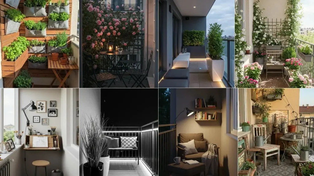Collage van 8 stijlvolle, kleine balkon ideeën met beplanting, zitplaatsen en verlichting.