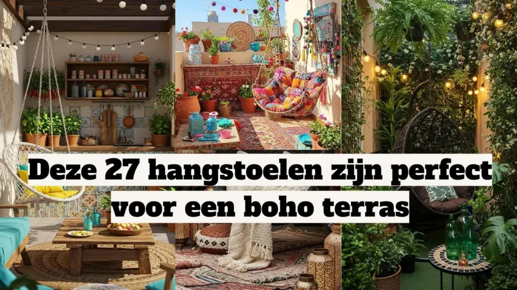 Een sfeervol boho terras met diverse hangstoelen, planten en decoratie.