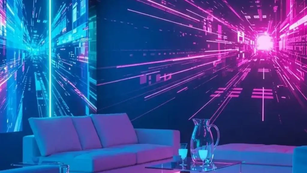 Woonkamer omgetoverd tot mini-feestzaal met neonlichten en strak design.