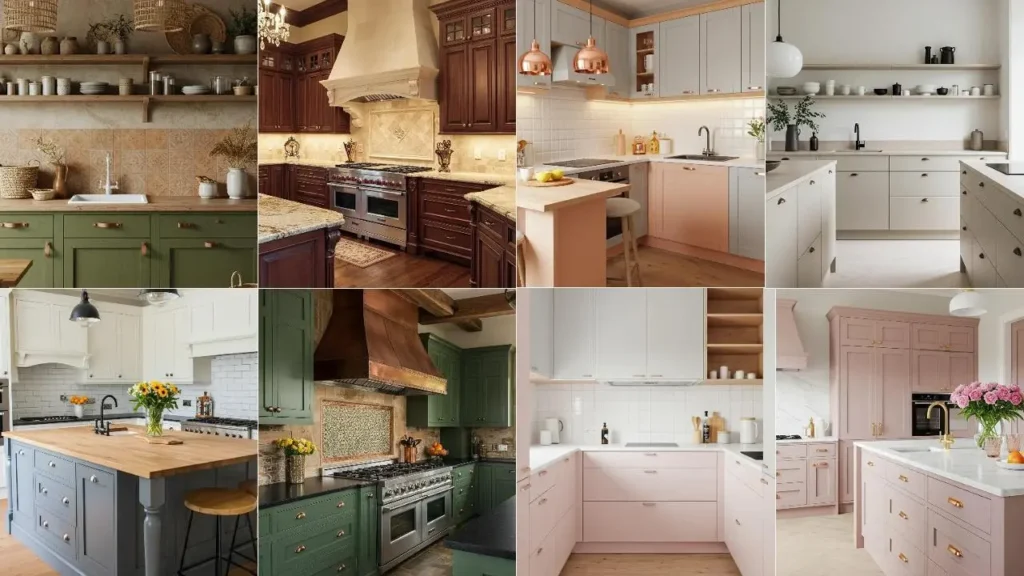 Collage van keukens in diverse kleurencombinaties, elk ontworpen voor een Pinterest-waardige look.