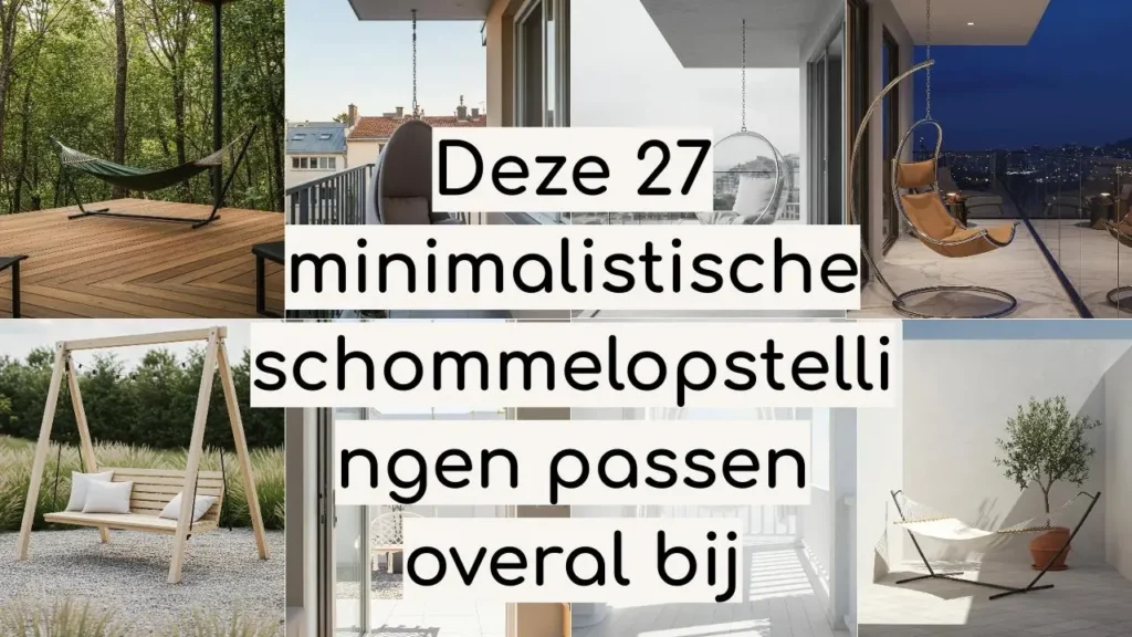 Collage van minimalistische schommelopstellingen, zoals hangmatten en schommelstoelen in diverse stijlen en omgevingen.