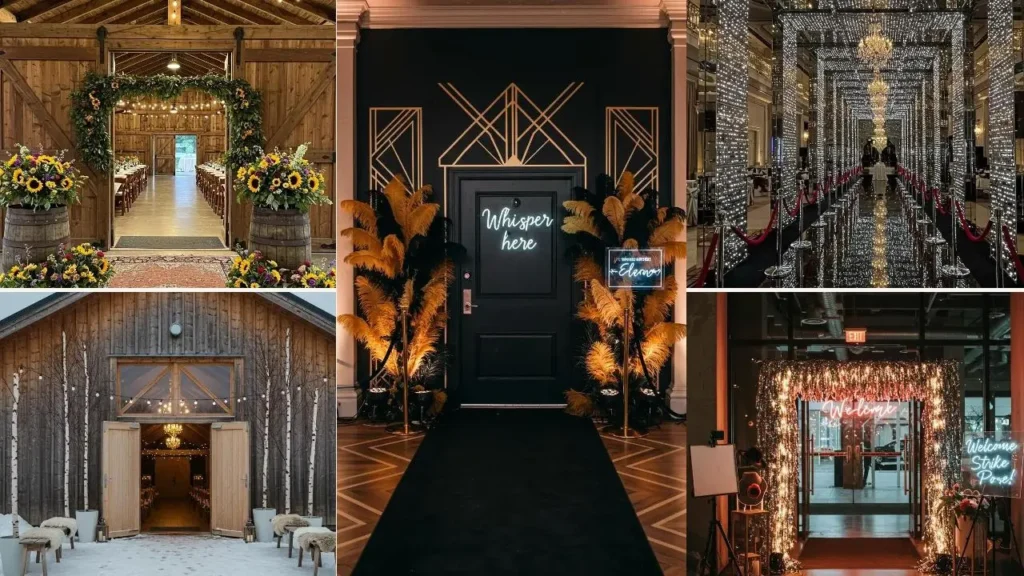 Collage van ideeën voor een onvergetelijke entree: sfeervolle deuren, verlichte gangen en feestdecoraties.