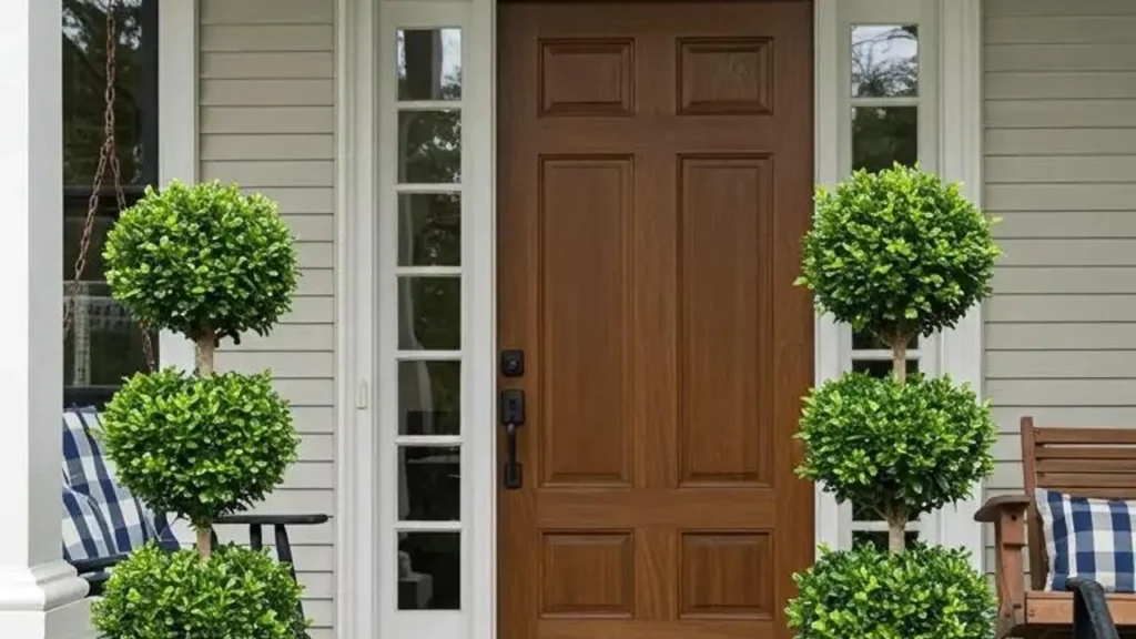 Functionele plantenbakken als eyecatcher bij een voordeur. Groene sierstruiken in potten.