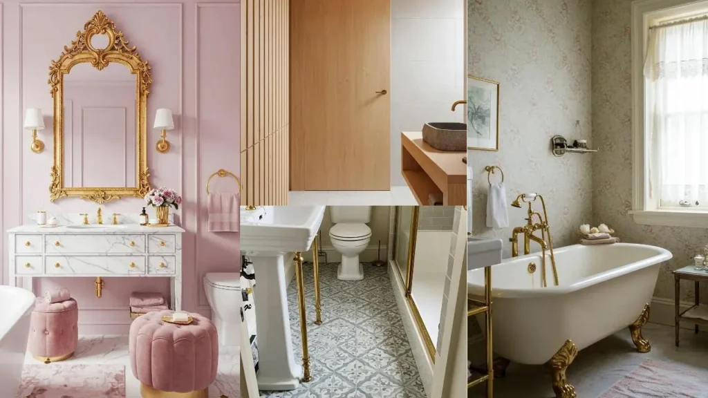Collage van zachte badkamers met gouden accenten, zoals kranen, spiegels en armaturen.