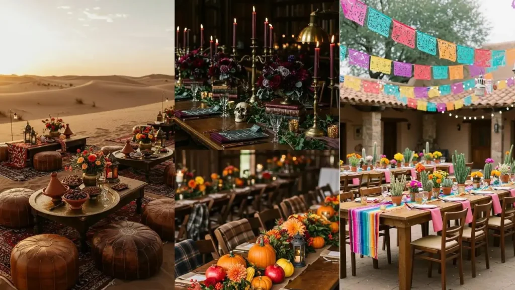 Inspiratie voor tafelschikking: woestijn, Halloween, Mexicaans, met bloemen, kaarsen en decoratie.