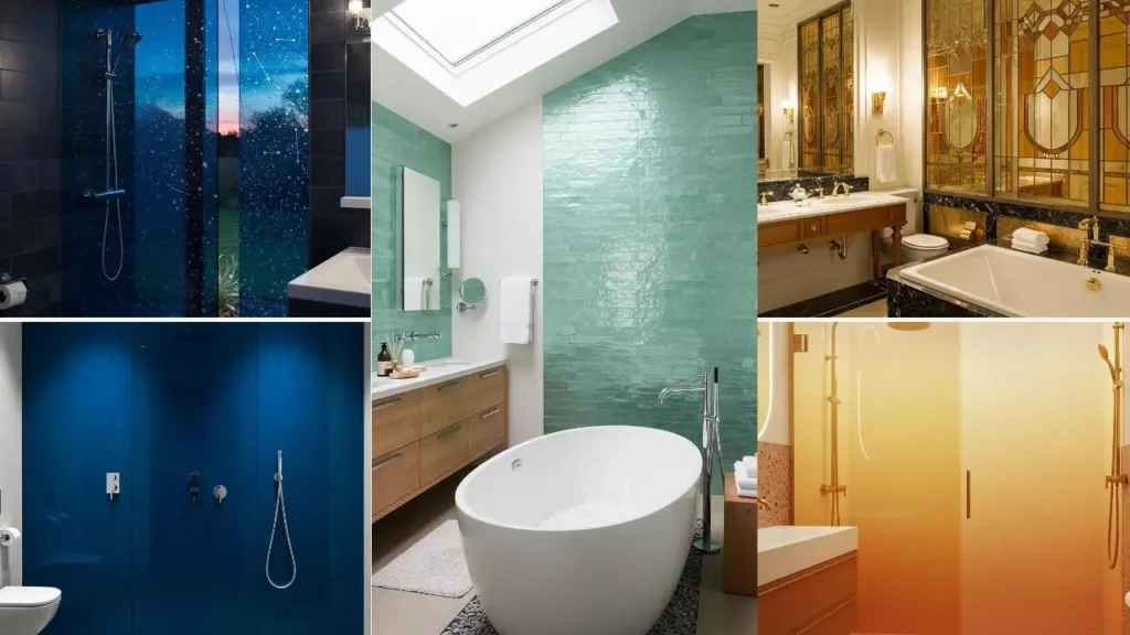 Badkamers met gekleurd glas in diverse stijlen, van modern blauw tot klassiek goudkleurig.
