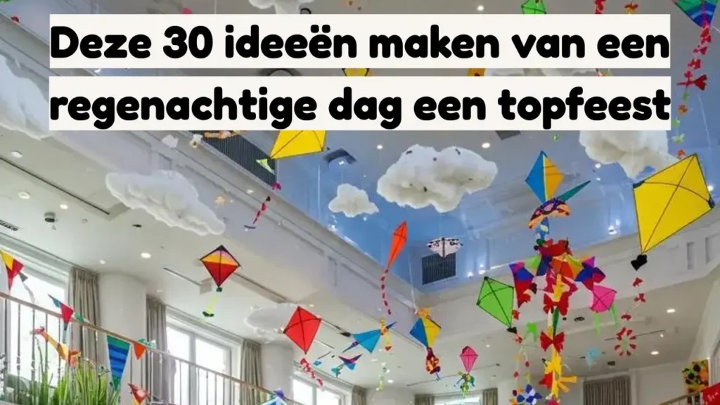 Decoratie met vliegers en wolken voor een feestelijke, regenachtige dag