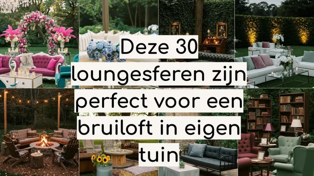 Sfeervolle lounges voor een bruiloft in de tuin, met luxe banken en bloemrijke decoraties.