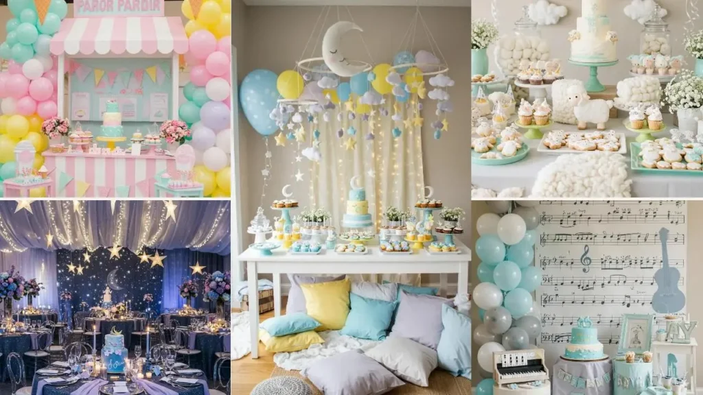 Collage van 6 Pinterest-waardige babyshowers met pastelkleuren, taarten en feestelijke decoraties.