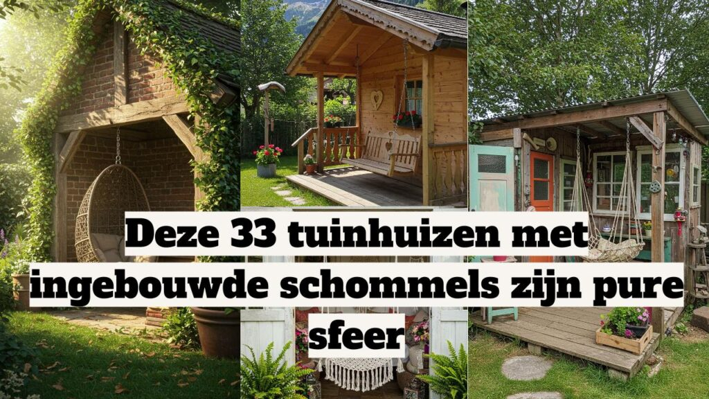 Sfeervolle tuinhuizen met ingebouwde schommels en hangstoelen in een groene tuin.