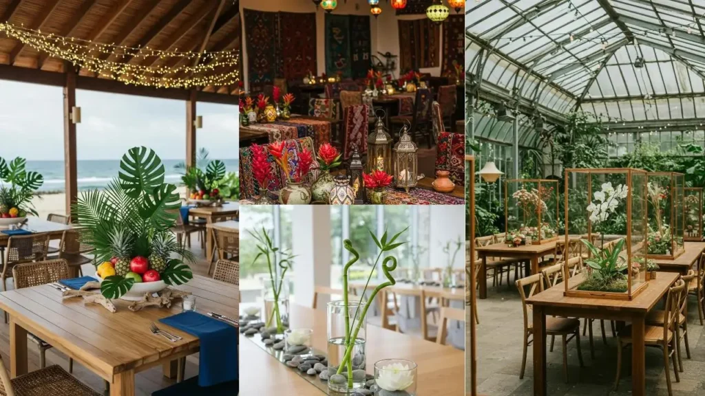 Diverse, creatieve centerpieces zoals tropische vruchten, botanische planten en bohemian lantaarns, die allesbehalve standaard zijn.